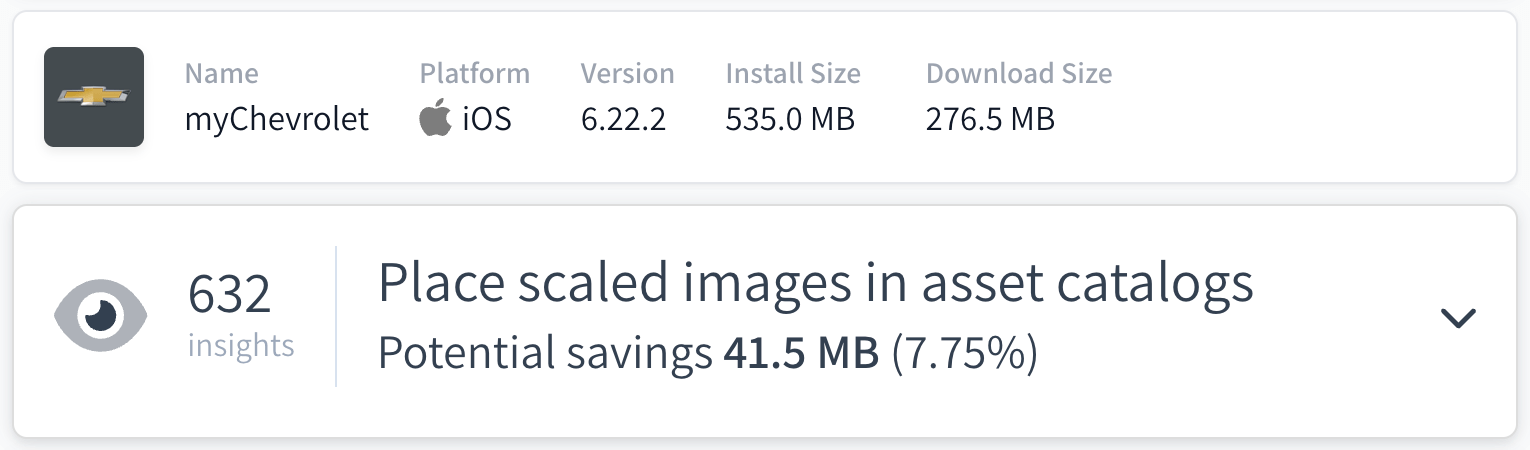 myChevrolet could cut ~8% from total app size by putting scaled images in an asset catalog