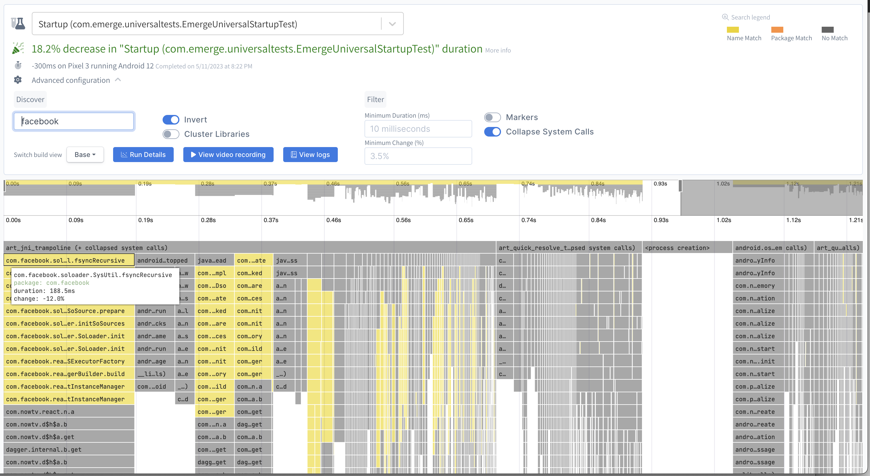 Differential flamechart showing the improvement in startup between Android versions. When looking at the react native build, the stack trace has a significant number of spans related to libraries loading RN. The version using native code has no such spans